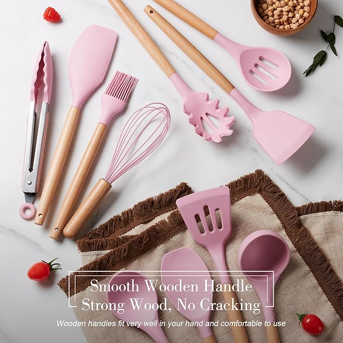 Silicone Kitchen Utensils Set, LIANYU 15-Piece Heat Resistant Cooking Utensils with Holder, Cooking Kitchen Gadgets Tools for Nonstick Cookware, Wooden Handle, Pink
