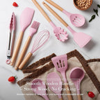 Silicone Kitchen Utensils Set, LIANYU 15-Piece Heat Resistant Cooking Utensils with Holder, Cooking Kitchen Gadgets Tools for Nonstick Cookware, Wooden Handle, Pink