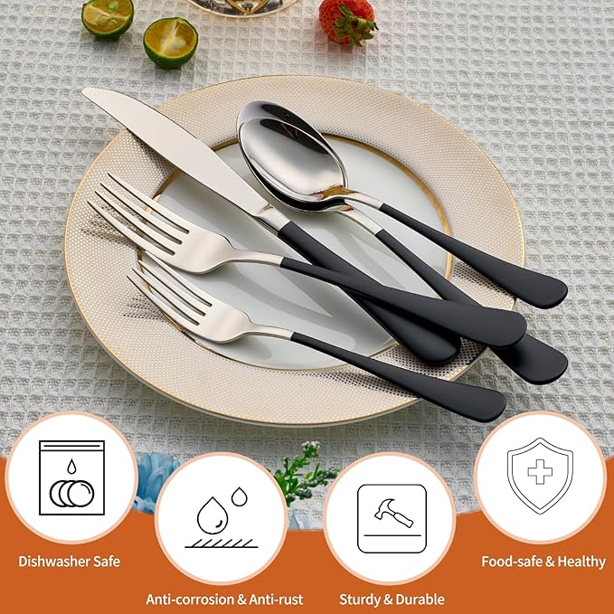 20 Piece Black 18/0 Flatware Utensil Set for 4, Include Dinner Knife,Dinner Forks,Dinner Spoons,Salad Forks,Teaspoons,Silverware Set for 4, Dishwasher Safe