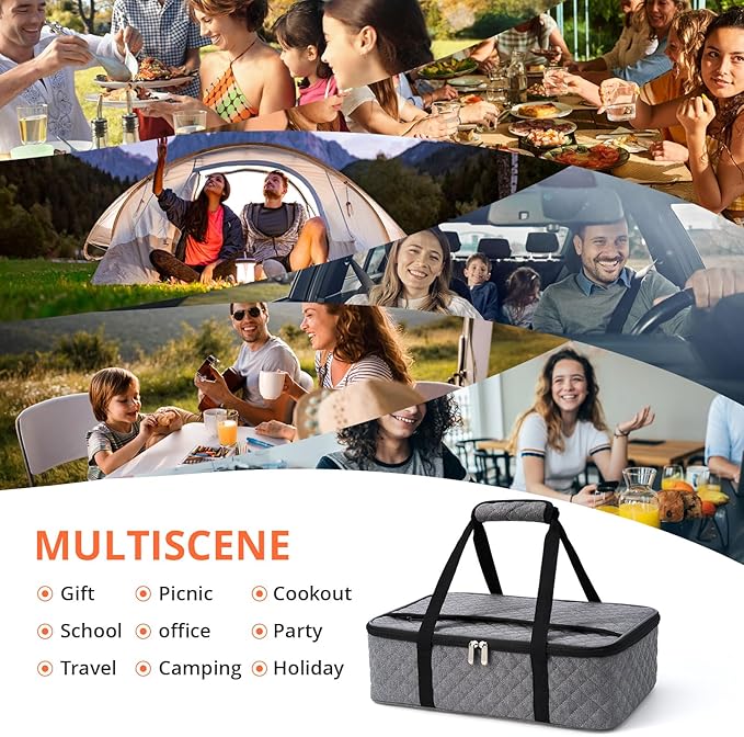 Casserole Carrier - Large Portable Insulated Food Carrier for Hot or Cold Food, Lunch Tote Warmer or Cooler Bag, Lasagna Lunch Bag for Work Picnic Hiking Beach - Fits 16" x 10"Baking Dish-Grey