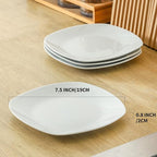fMBB Ceramic White Dinner Plates Set of 4, Porcelain Square 7.5 inch Dessert Dishes, Serving Flat Plates Salad Dishes - Scratch Resistant, Dishwasher, Microwave, Oven Safe