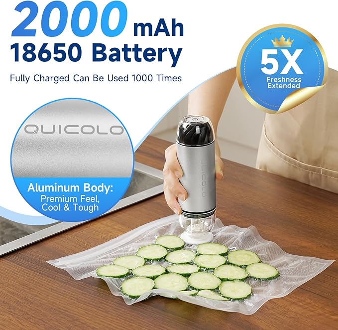 Compact Vacuum Sealer for Food (Incl. 30 Reusable Bags), Ice-Cooling Contact Portable Food Saver for Meal Prep, Camping & Kitchen Clutterealer with 60KPa Pro Suction