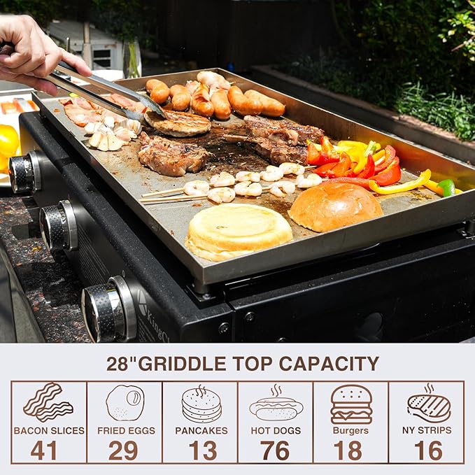 KingChii 28" Tabletop 3-Burner Griddle Portable Gas Grill with Rear Grease Trap, Powder Coated Steel, Black