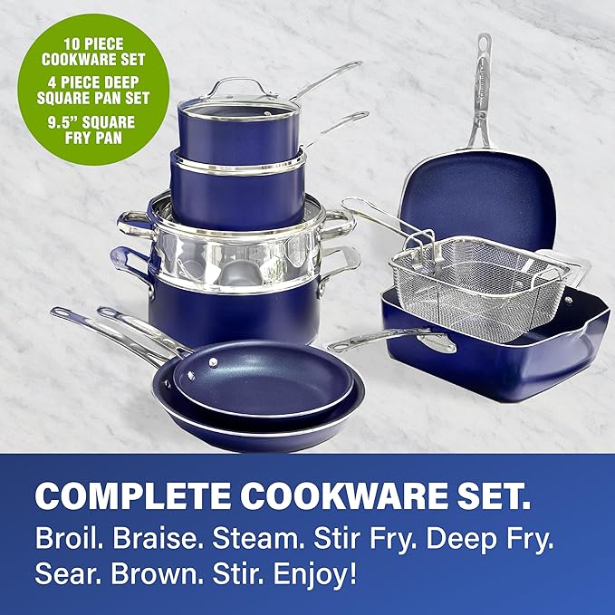 Granitestone Ceraluxe 20Pcs Ceramic Cookware Set Nonstick, Complete Pots and Pans Set Non Stick with 5 Pc Bakeware Set, Deep Frying Pan Set, & Steamer, Non Toxic PFOA Free, Oven & Dishwasher Safe