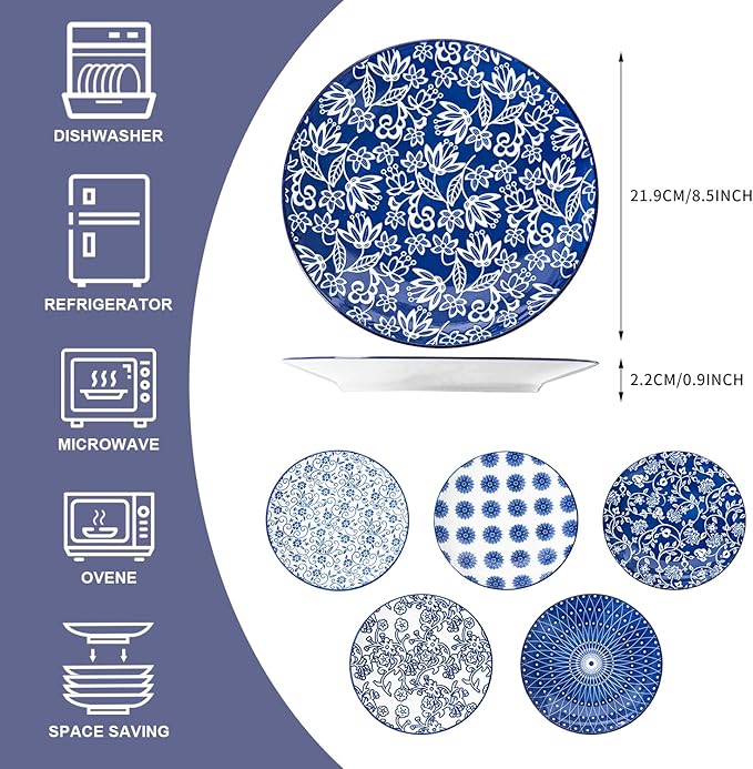 Ceramic Salad Plates Set - 8.5 Inch Small Round Dessert Dishes for Kitchen Dinner Pasta Appetizer Sandwich - Scratch Resistant Porcelain Microwave Oven Dishwasher Safe - Set of 6 - Vintage Blue