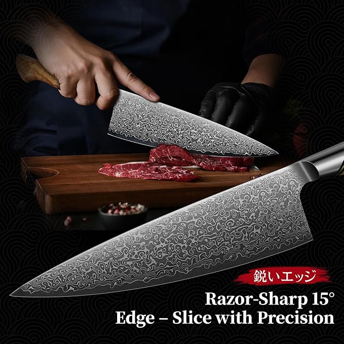TIVOLI Damascus Chef Knife – Japanese VG-10 Professional Kitchen Knife for Meat and Vegetables with Ergonomic Olive Wood Handle, Gift Box Included, Ideal Gift for Dad & Mom