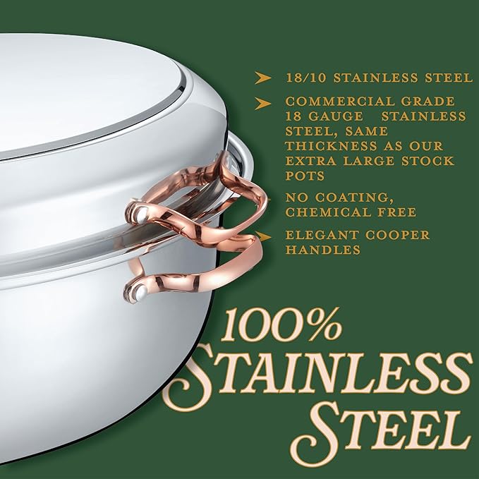 CONCORD Premium 12 Quart Stainless Steel Roasting Pan with Hangable Rack. Oval Turkey Roaster with Griddle Lid Multi-use Cookware