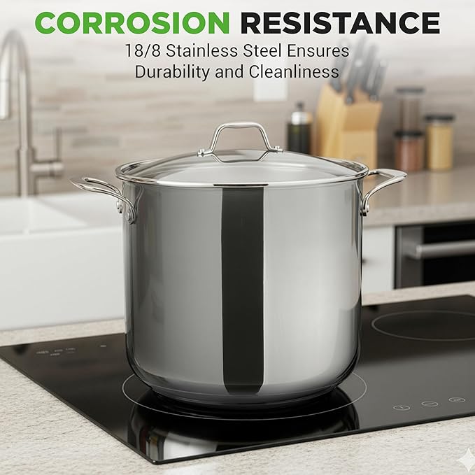 NutriChef 19-Quart Stainless Steel Stockpot – 18/8 Food Grade Heavy-Duty Induction-Compatible Pot with See-Through Lid, Ideal for Stews, Broths, Simmering & Soups, Dishwasher Safe – NCSP20