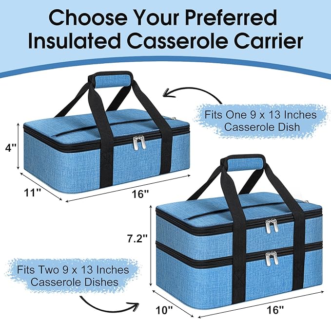 Double Insulated Casserole Carrier, Portable Casserole Carrier for Hot or Cold Food Lunch Tote Warmer or Cooler Bag, Lasagna Lunch Bag for Potluck Parties- Fits 9" x 13" Baking Dish-Azure