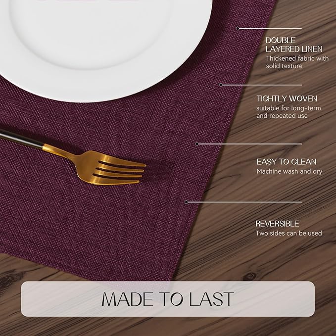 Romanstile Cloth Placemats Set of 4-12 x 18 Inch, Heat Resistant Double Layered Thickened Burlap Place Mats, Washable Linen Farmhouse Table Mats for Kitchen/Dining/Party/Outdoor, Purple