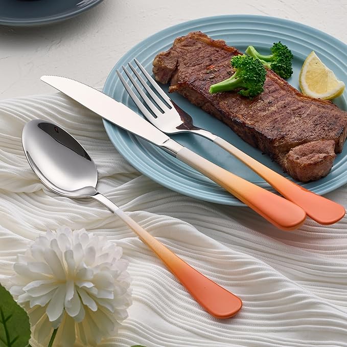 20-Pieces Color Silverware Sets for 4,Orange and white Handle Stainless Steel Cutlery Set, Include Forks Spoons and Knives Set, Dishwasher Safe Utensil Sets for Home Restaurant