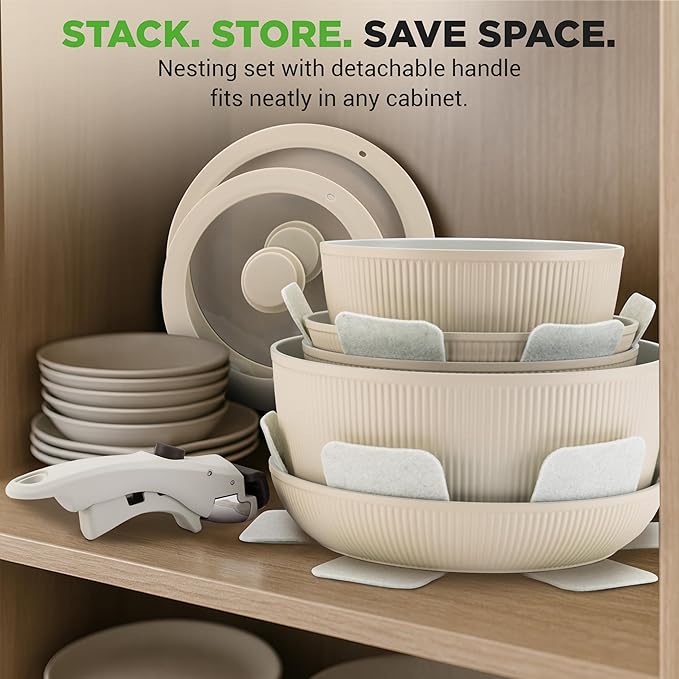 NutriChef 18-Piece Ceramic Cookware Set with Detachable Handles, Non Stick Pots and Pans, PTFE-Free Natural Ceramic Coating, Space-Saving Design, Oven & Stove Safe, Includes Utensils, Cream