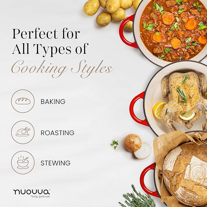 Nuovva Enamelled Cast Iron Dutch Oven Pot with Lid – 6.4 Quart Non Stick Casserole Pot – Heavy Duty & Oven Safe up to 500° F for Bread Baking, Braising, Stews, Roasting – 28cm Red