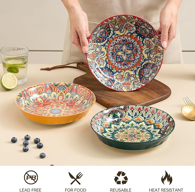 Ceramic Pasta Bowls Set - 8 inch 32 oz Serving Bowls, Set of 6, Colorful Dinner Bowls for Soup,Salad, and Pasta, Kitchen, Microwave, Dishwasher Safe, mexican, Bohemian Style