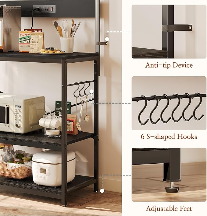 SUPERJARE Bakers Rack with Power Outlets, Microwave Stand, 31.5 X 16.5 Inch Larger Desktop, Kitchen Storage Rack with Adjustable Middle Shelf, 6 S-Shaped Hooks, Coffee Bar Stand, Black