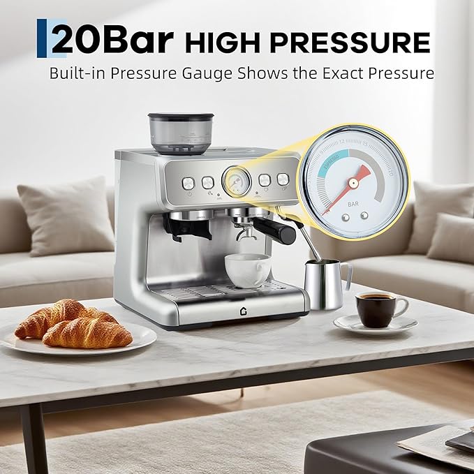 Stainless Steel Espresso Machine with Grinder and 20 Bar Pressure, 2.8l Removable Water Tank, Milk Frother Steam Wand for Latte and Cappuccino, Adjustable Shot Volume,Silver