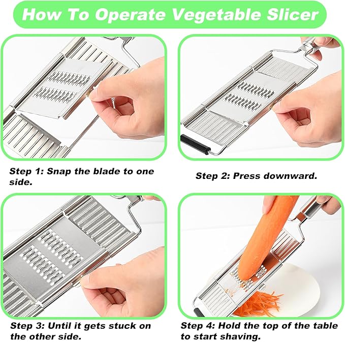 Suuker 4 in 1 Vegetable Cutter with Cheese Grater, Carrot Grater, Cabbage Shredder, Cucumber Slicer - Stainless Steel Mandoline Slicer for Kitchen