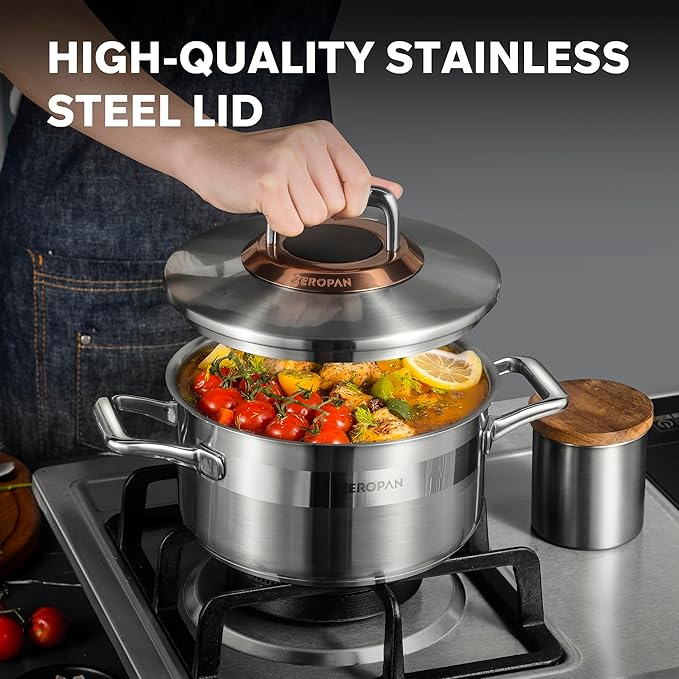 Hybrid Nonstick 4-Quart Stockpot,9.5 Inch Stainless Steel Stockpot with Lid,Non-stick Soup Pot,PFAS PFOA PTFE Free,Dishwasher-Friendly, Oven-Safe Up to 600°F,Compatible with All Cooktops