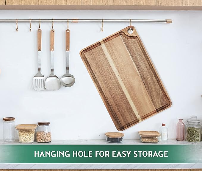 AZRHOM Large Acacia Wood Cutting Board for Kitchen, Butcher Block for Meat and Cheese, Chopping Board with Hanging Hole and Groove 18x12 Inch