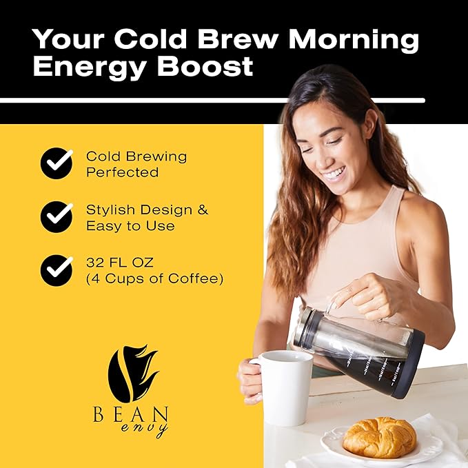 Bean Envy Cold Brew Coffee Maker - 32 oz Glass Coffee Cold Brew Maker and Pitcher w/Silicone Cap & Base