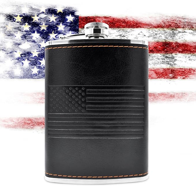 Leather American Flag Hip Flask - Leak Proof Food Grade Stainless Steel for Whiskey or Bourbon Liquor | Bonus Funnel (USA 8 Ounce Flask, Black Leather Wrap)