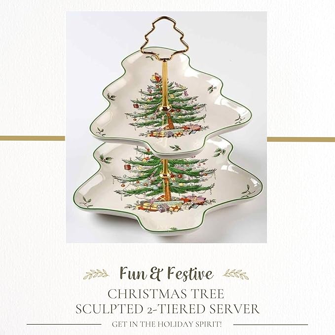 Spode Christmas Tree 2-Tiered Server, Tree-Shaped - Holiday Cupcake Stand, Dessert Display Set, Porcelain Serving Platter, 10" & 8" Plates, Dishwasher Safe Serveware for Appetizers, Desserts, Cookies