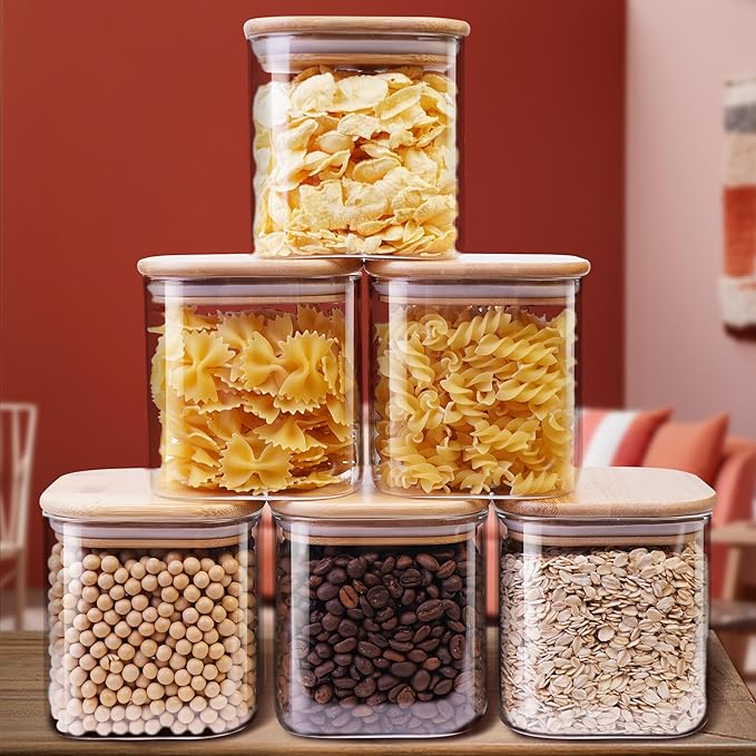 Square Glass Jars with Bamboo Lids 27 FL OZ [Set of 6], Glass Canisters with Airtight Lids, Glass Food Storage Containers for Coffee, Sugar, Tea, Candies, Cookies,Best for Kitchen & Pantry
