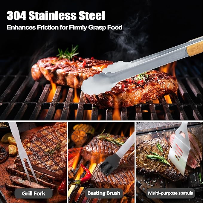 Step Dad Gifts from Daughter Fathers Day Heavy Duty Wooden BBQ Grilling Accessories Kit for Backyard, Thick Stainless Steel Grill Utensils with Non-Slip Handle Tools in Portable Bag Birthday