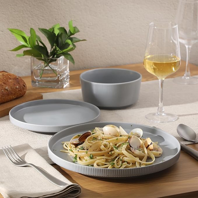 Gibson Home Dempsey Road 12-Piece Stoneware Dinnerware Set – Service for 4, Round Grey Plates and Bowls, Durable Solid Color Modern Embossed Dish Set, Microwave & Dishwasher Safe