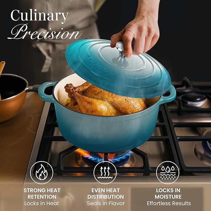 Nuovva Enamelled Cast Iron Dutch Oven Pot with Lid – 6.4 Quart Non Stick Casserole Pot – Heavy Duty & Oven Safe up to 500° F for Bread Baking, Braising, Stews, Roasting – 28cm Teal