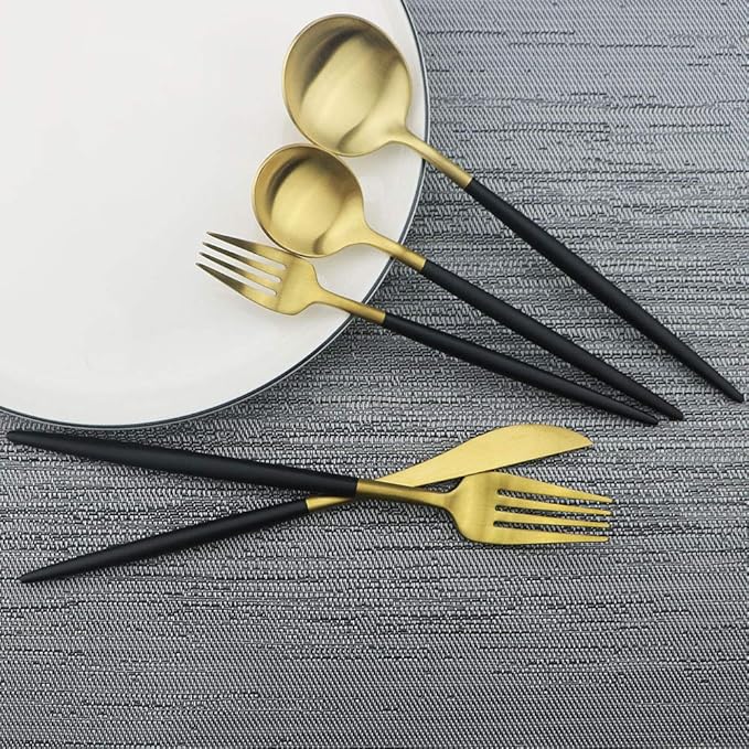JASHII Luxury Black Gold Flatware, Silverware Sets, 5-piece Elegant Cute 18/10 Stainless Steel Silverware Set for Eating Home Kitchen Hotel Restaurant, Service Sets for 1 People, Dishwasher Safe