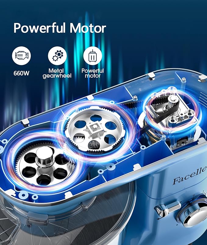 Facelle Stand Mixer, Electric Kitchen Mixer, 660W 6 Speed Tilt-Head stand mixer with Pulse, Attachments include 6.5QT Bowl, Dishwasher Safe Beater,Dough Hook,Whisk for Dough,Baking,Cakes,Cookie - Blue
