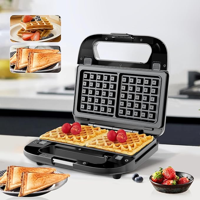 3 in 1 Sandwich Maker & Waffle Maker, Removable Non-Stick Plates, Panini Press, Grilled Cheese Maker, Cool-Touch Handle, LED Light, Easy Clean, 750W, for Home Kitchen Breakfast