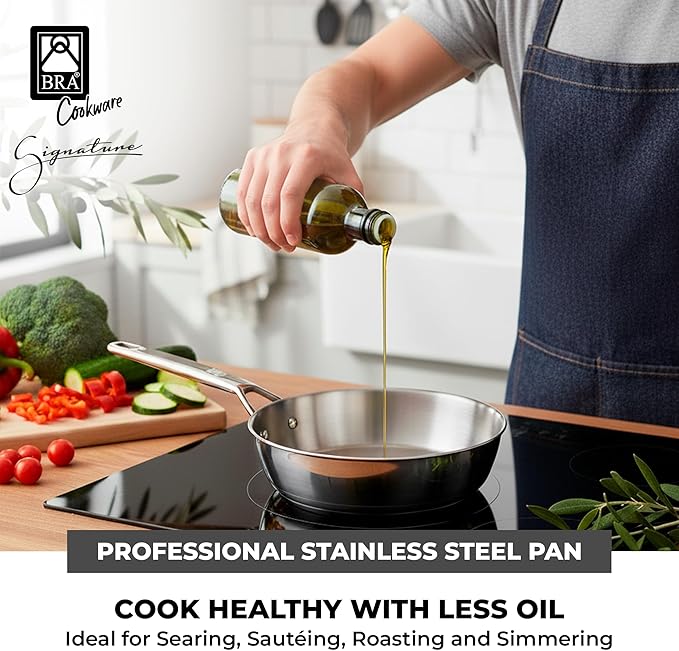 BRA COOKWARE Signature Deep Frying Pan | 8 inches Professional High Skillet | Stainless Steel Deep Frying Pan | All Stovetop Compatible | PFOA Free | w/o Non-Stick Coating | Polished Finish