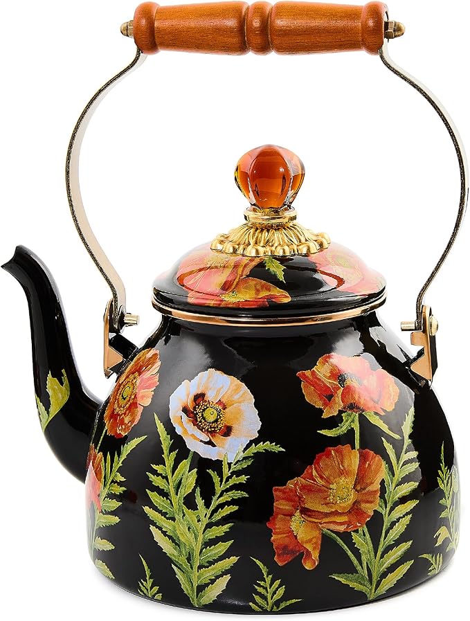 MACKENZIE-CHILDS Enamel Tea Kettle, Cute Tea Kettle for Stovetop, 2 Quarts, Poppy