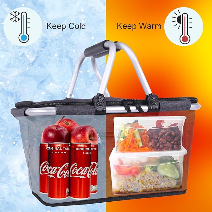 Picnic Basket, SIYUAN Collapsible Market Basket Insulted Cooler with Handles 27L Large Farmers Grocery Basket with Lid Portable Tote Bag, Black