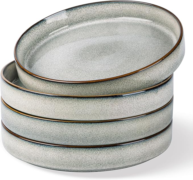 GBHOME 9'' Large Ceramic Pasta Bowls, 32oz Stoneware Pasta Serving Bowls Set of 4 for Kitchen, Wide Bowls for Fruit,Pasta,Salad,Oatmeal,Meal, Microwave Safe, Reactive Glaze-Green Wheat