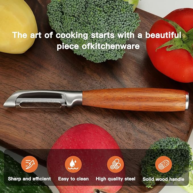 Serrated Blade Premium I Type 304 Stainless Steel Multifunctional Kitchen Peeler Real Wood Handle Ultra Sharp Blade Vegetable Potato Apple(Boluoge)