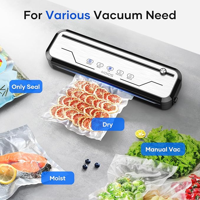 KOIOS Vacuum Sealer Machine with Starter Kit, One-Touch Operation | Built-in Cutter | Dry & Moist Modes | Compact Design | Vacuum Sealer for Food Preservation, Freezer Storage & Meal Prep