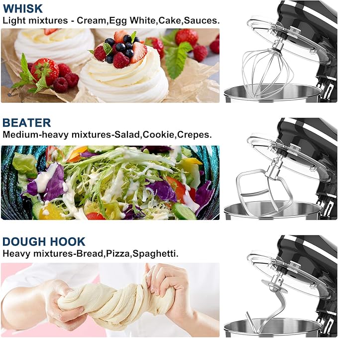Stand Mixer, 660W, 6-Speed Tilt-Head Food Dough Mixer, Kitchen Electric Mixer with Stainless Steel Bowl,Dough Hook,Whisk, Beater, Egg white separator (6.5-QT, Black)…