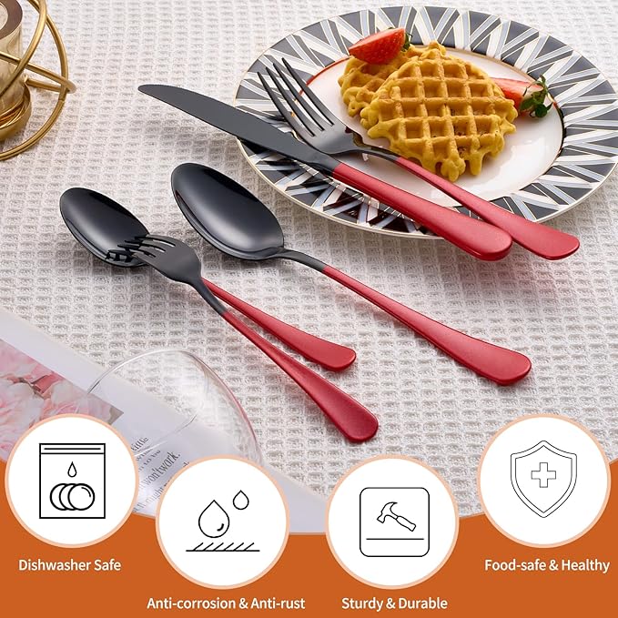 20 Piece Black Red 18/0 Flatware Utensil Set for 4, Include Dinner Knife,Dinner Forks,Dinner Spoons,Salad Forks,Teaspoons,Silverware Set for 4, Dishwasher Safe