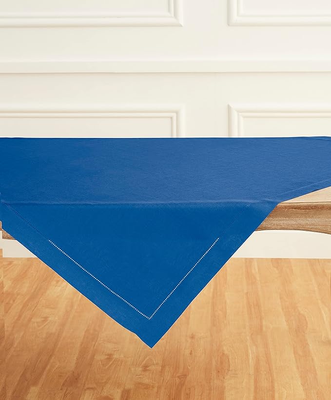 Solino Home Linen Square Tablecloth 52 x 52 Inch - 100% Pure Linen Indigo Blue Table Throw - Classic Hemstitch, Machine Washable Table Cloth for Summer, Fall, Autumn
