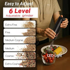 Electric Salt and Pepper Grinder – Rechargeable Automatic Mills with 6-Level Adjustable Coarseness, White LED Light, Large 110ml Capacity