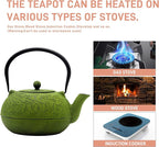 YJX 60.9oz Large Cast Iron Teapot, Big Tea Kettle for Stovetop Safe, Green Cast Iron Kettle Teapot with Stainless Steel Infuser for Loose Tea and Tea Bags(1800ml)