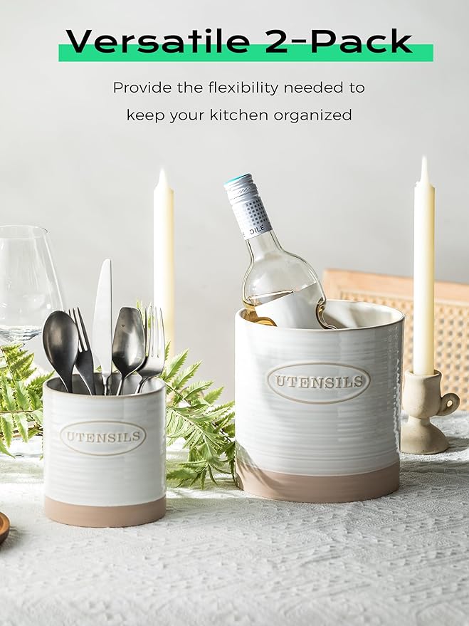 YHOSSEUN Utensil Holder Set of 2, Ceramic Utensil Holder for Kitchen Counter, 6.7"+5.1" Kitchen Utensil Crocks Spatula Holder for Countertop, Two-tone Finish Oval Opening