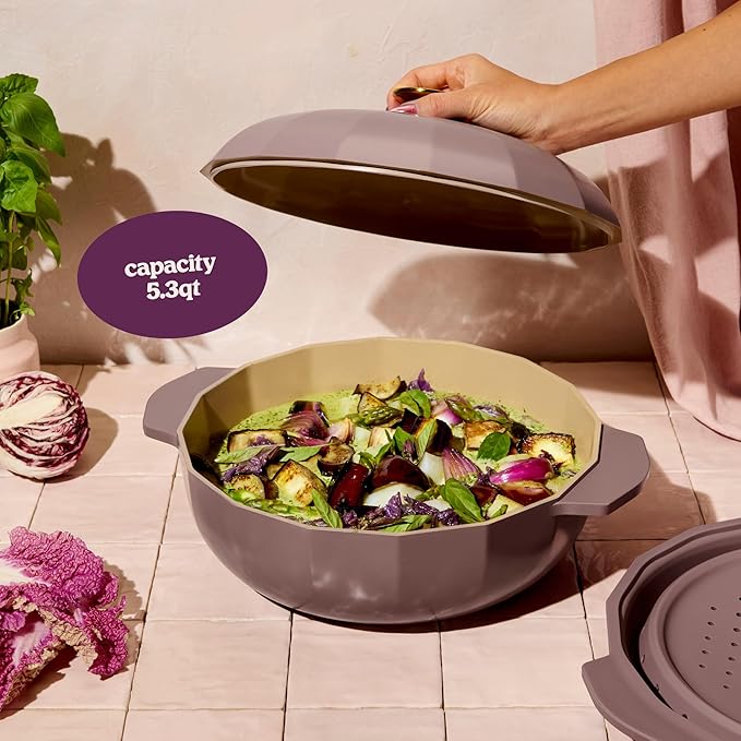 Cravings by Chrissy Teigen The Perfect Pan 5.3 Qt Dutch Oven Pot with Lid, Nonstick Lightweight Aluminum Everyday Pot with Steamer/Strainer Insert, Oven & Stovetop Safe (Mauve)