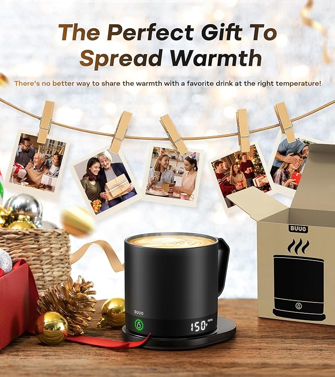 Heated Coffee Mug Rechargeable - Temperature Control Self Heating Coffee Mug 14oz with Lid, Double Sided & Real-Time LED Display, Hot up to 150℉, Birthday Gifts for Women and Men(Black)