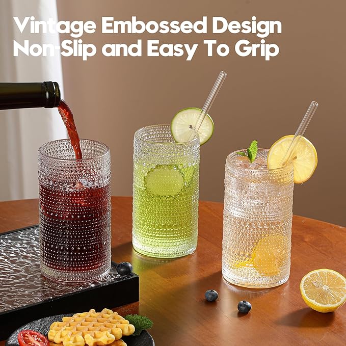 Vintage Hobnail Drinking Glasses Set of 6, 16 oz Large Capacity Embossed Clear Tumblers, Highball Glasses for Water, Cocktail, Beer, Whiskey, Kitchen & Bar Use