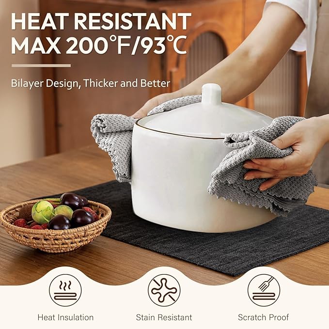 Blue Forest Placemats Set of 8, Dual-Layered Thickened Faux Linen Cloth Place Mats Heat Resistant Machine Washable Wrinkle Free Table Mats Indoor/Outdoor (Black)