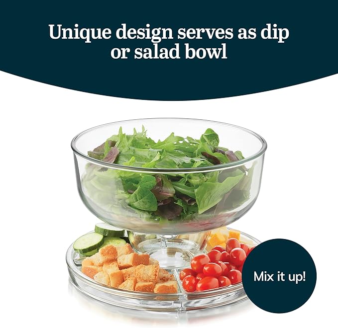 Libbey Selene 6-in-1 Multiuse Glass Server, Punch Bowl, Chip and Dip Bowl, Cake Stand , Clear